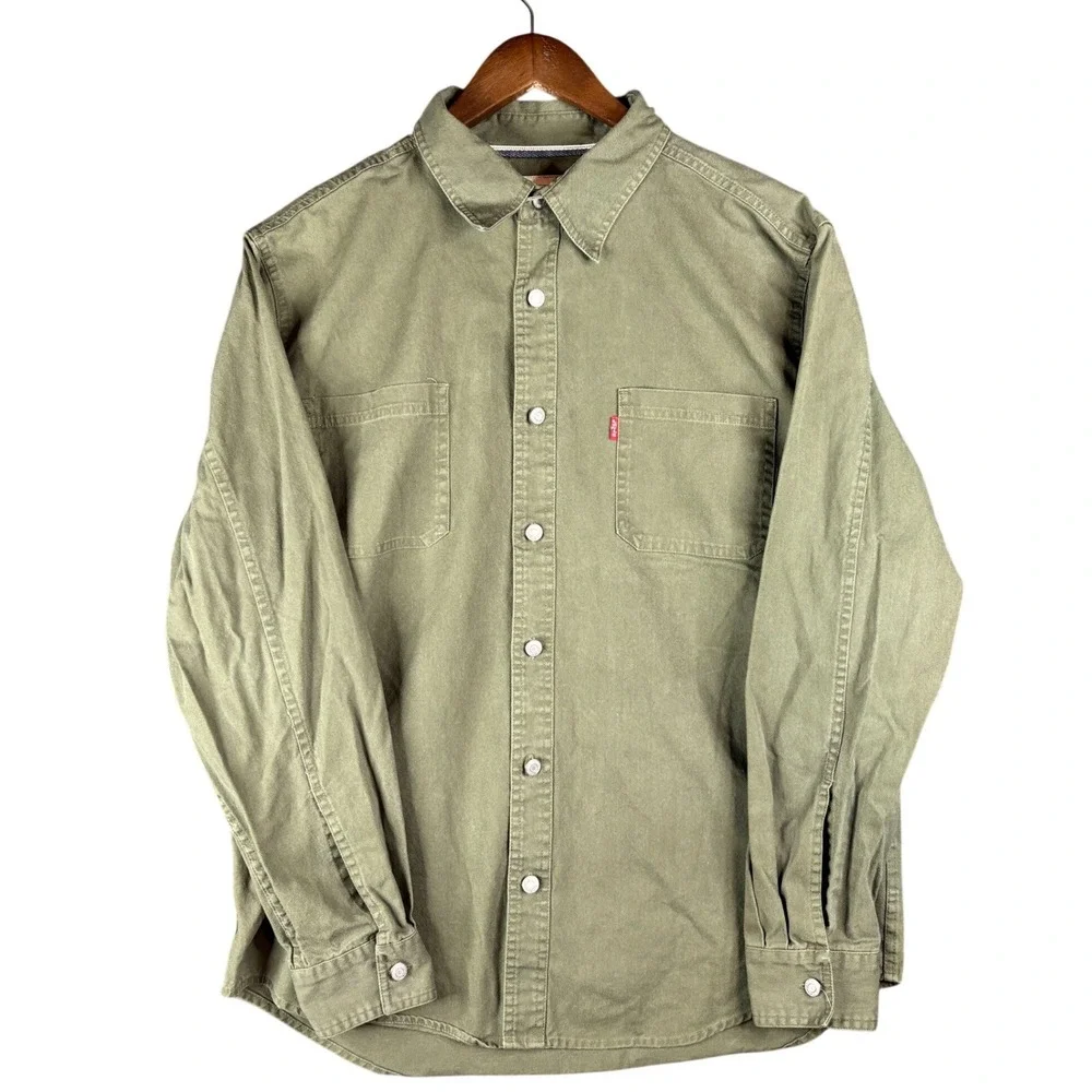 Levis Mens Large Olive Green Cotton Long Sleeve Button Up Shirt Western Casual